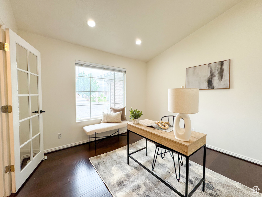 Office with wood finished floors, recessed lighting, baseboards, and lofted ceiling