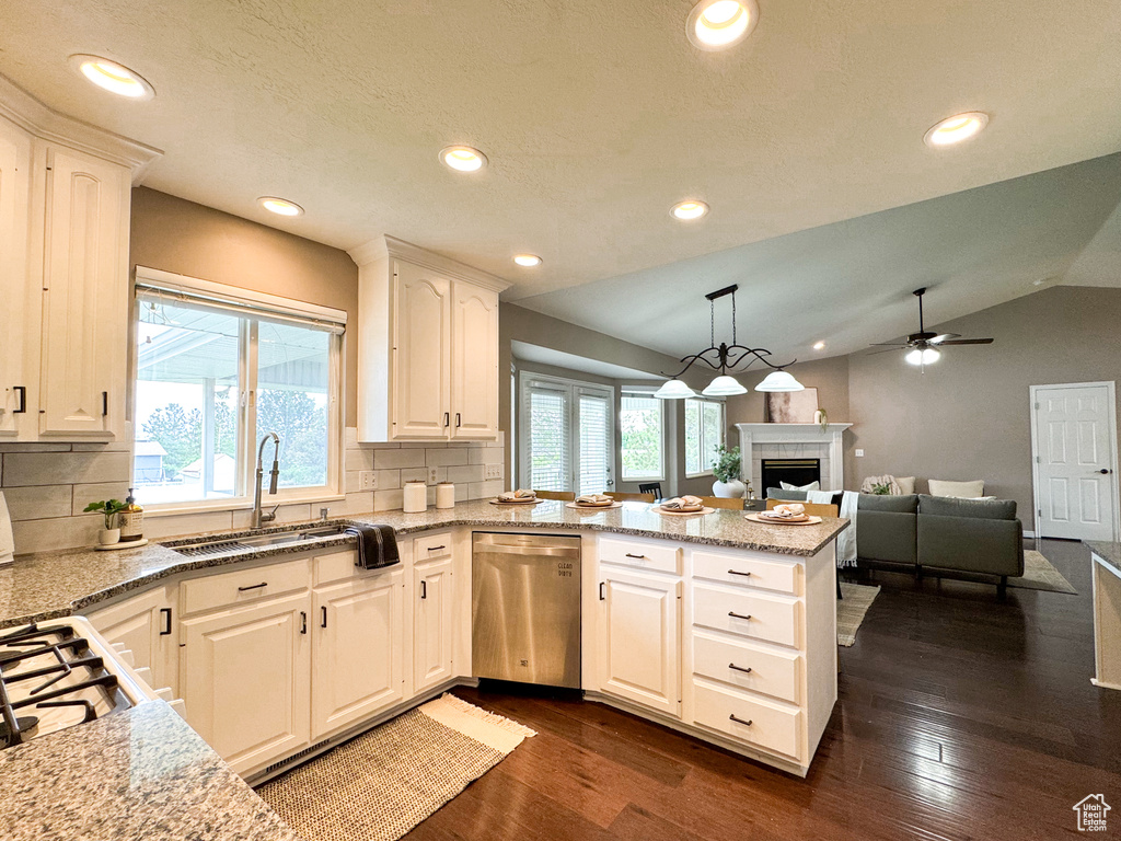 Kitchen with stainless steel dishwasher, a sink, a peninsula, plenty of natural light, and vaulted ceiling