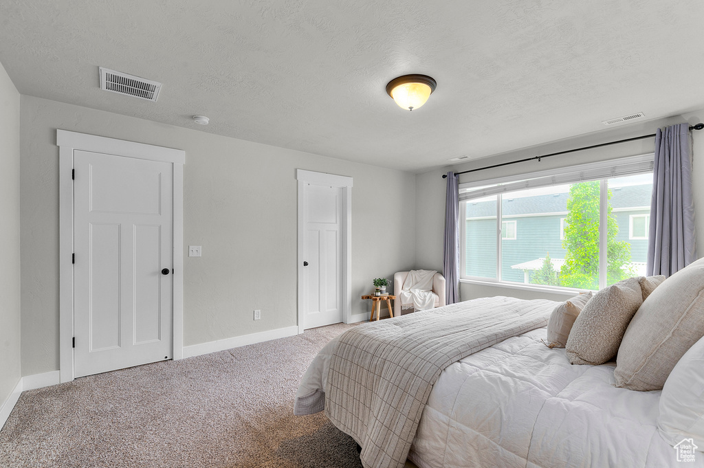 Carpeted bedroom featuring baseboards and a textured ceiling
