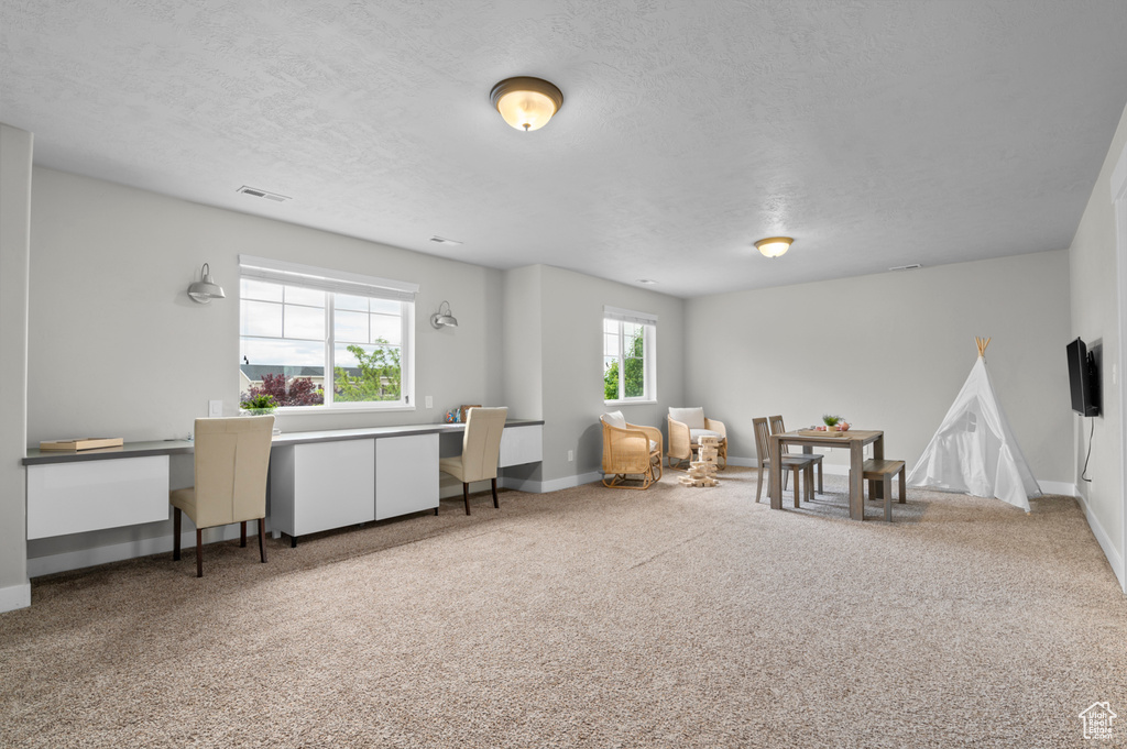 Recreation room featuring an office area, a textured ceiling, baseboards, and carpet floors