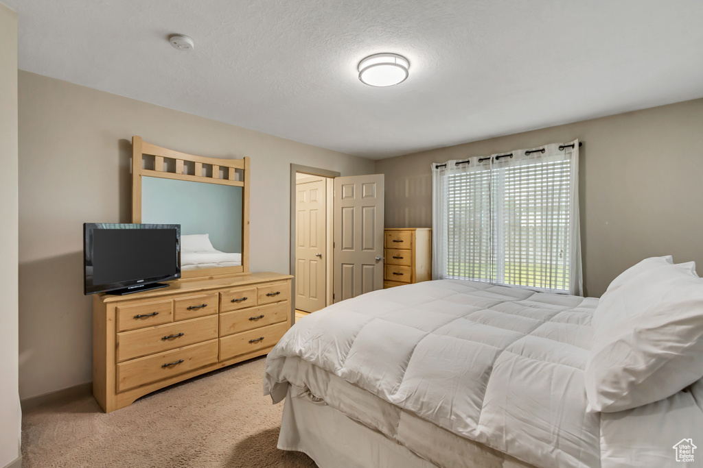 Bedroom featuring light carpet
