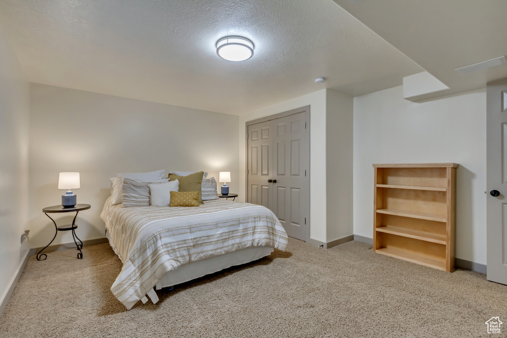 Bedroom featuring carpet flooring, baseboards, a closet, and a textured ceiling