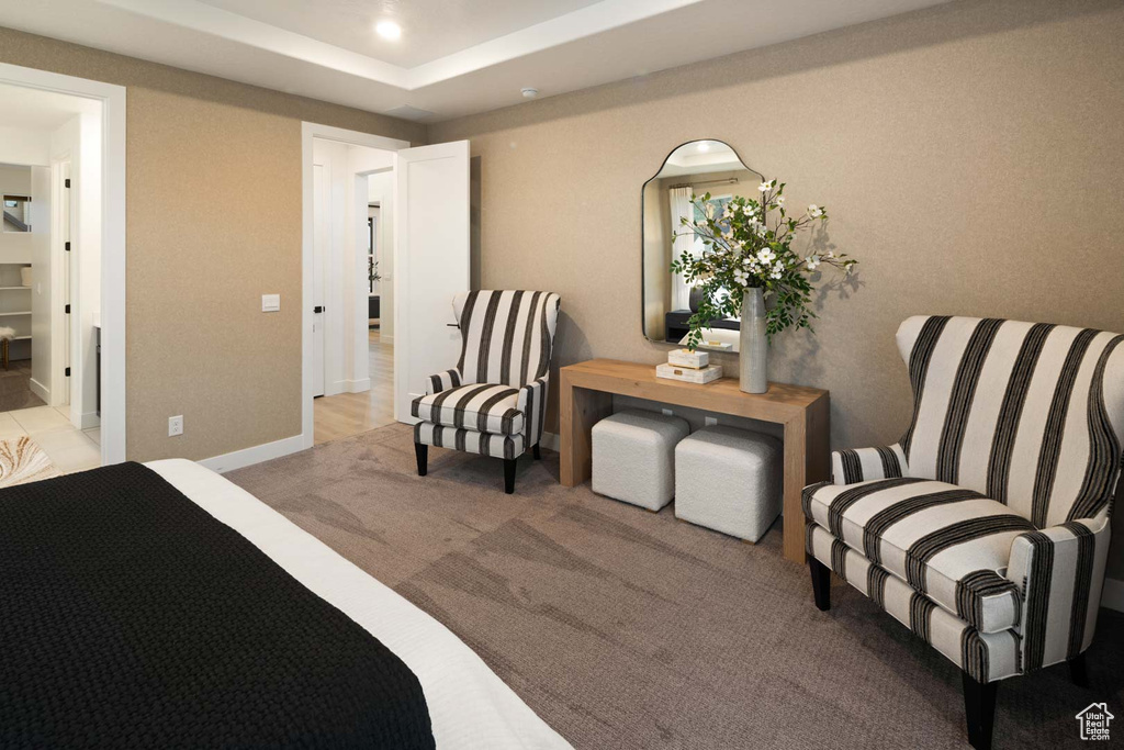 Bedroom with recessed lighting, light carpet, and baseboards