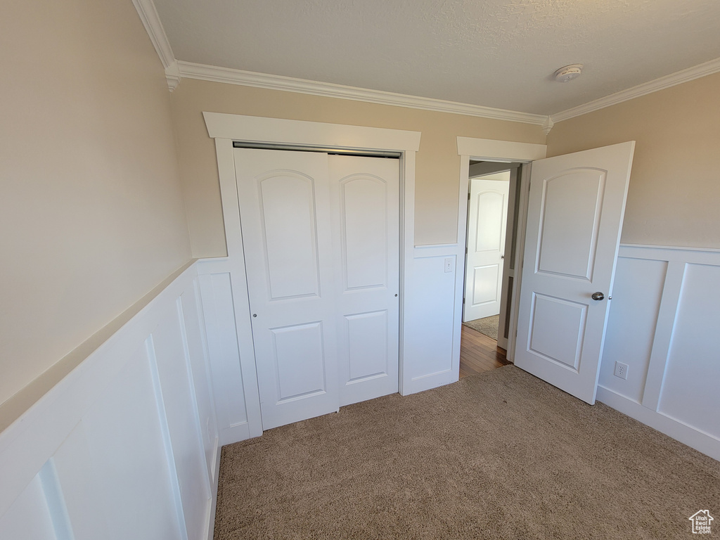 Unfurnished bedroom with ornamental molding, a decorative wall, carpet, a wainscoted wall, and a closet