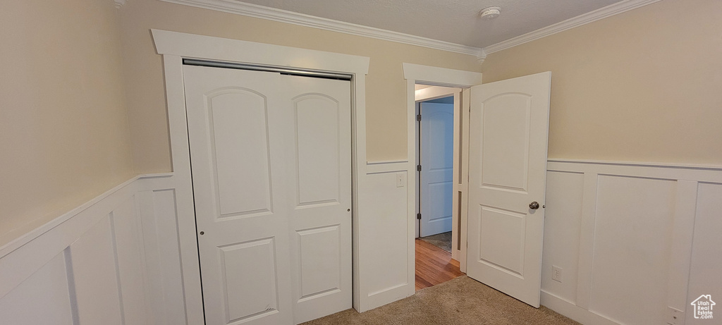 Unfurnished bedroom featuring crown molding, carpet floors, a decorative wall, wainscoting, and a closet