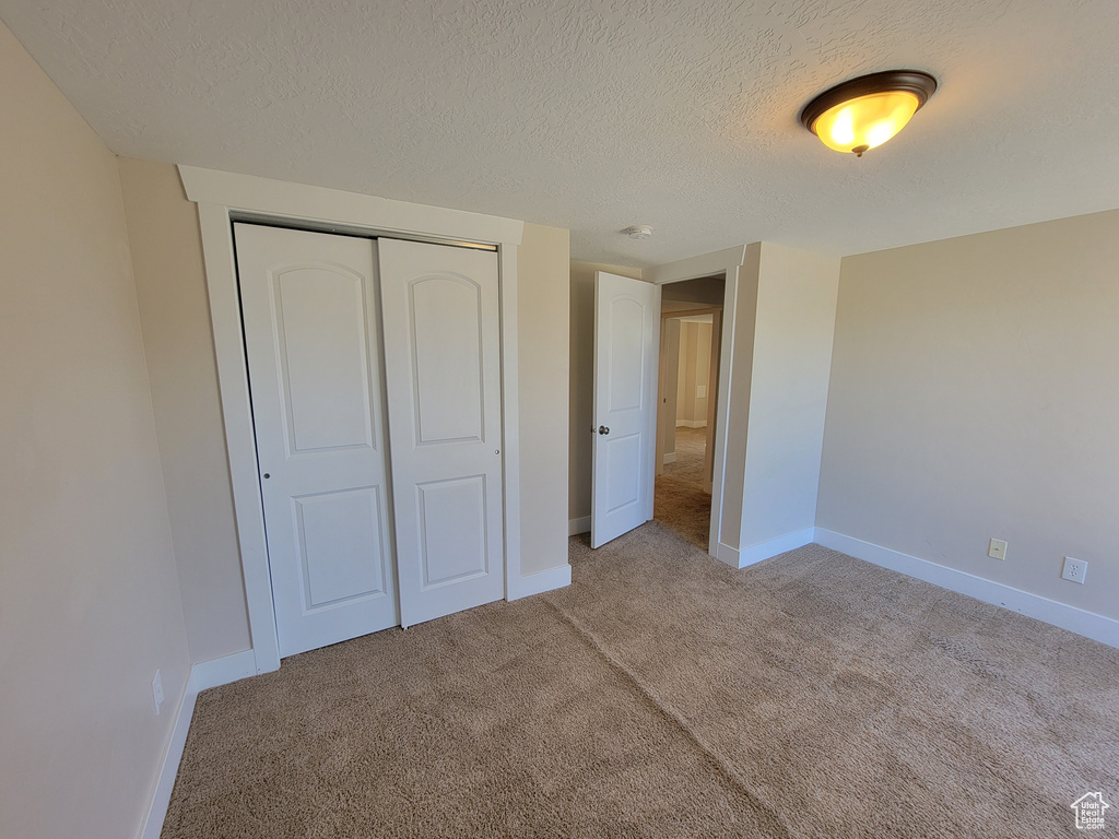 Unfurnished bedroom featuring carpet flooring, a textured ceiling, baseboards, and a closet