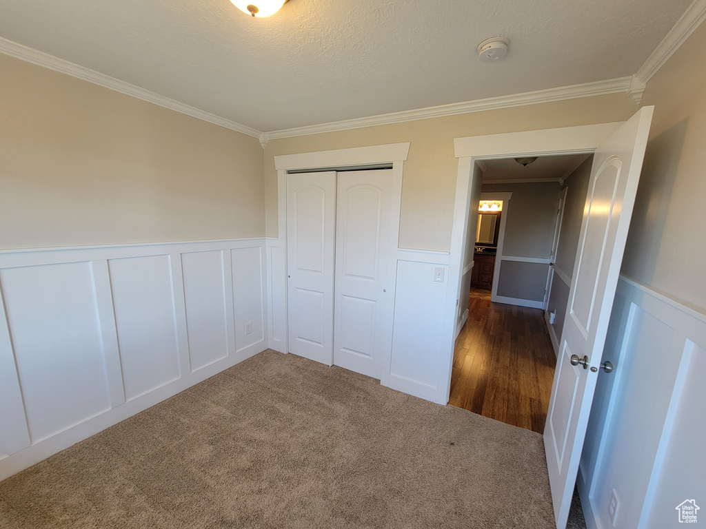 Unfurnished bedroom with crown molding, a decorative wall, wainscoting, a closet, and carpet flooring