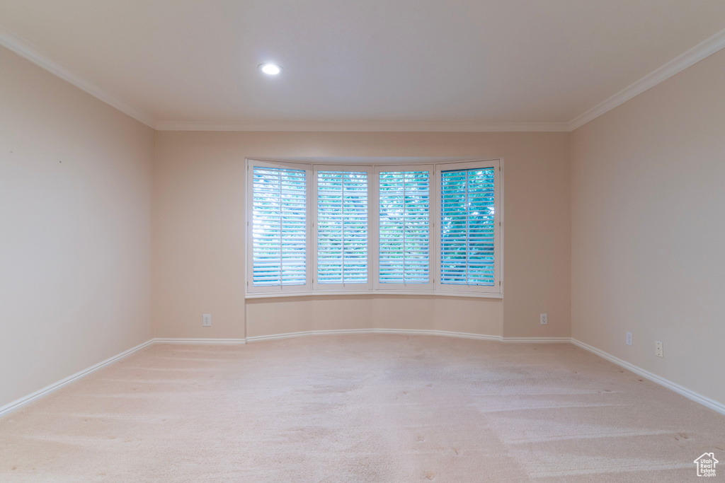 Spare room with ornamental molding, light colored carpet, baseboards, and recessed lighting