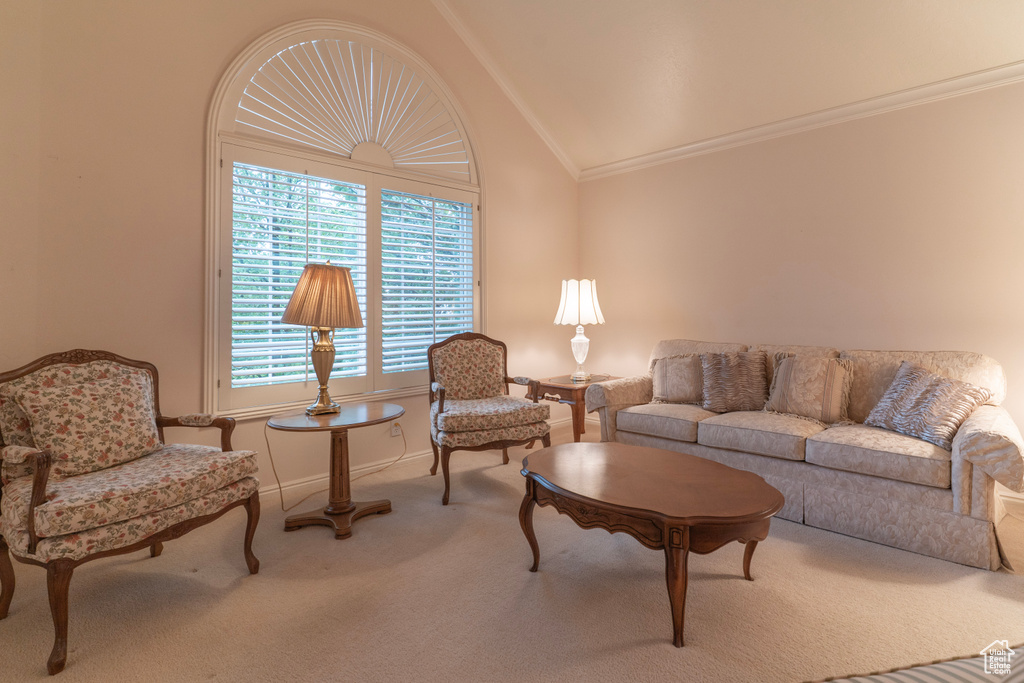 Carpeted living room featuring crown molding, vaulted ceiling, and baseboards