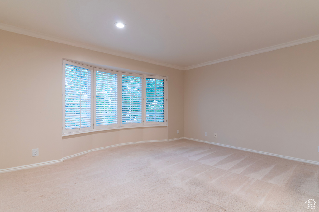 Unfurnished room with ornamental molding, baseboards, light carpet, and recessed lighting