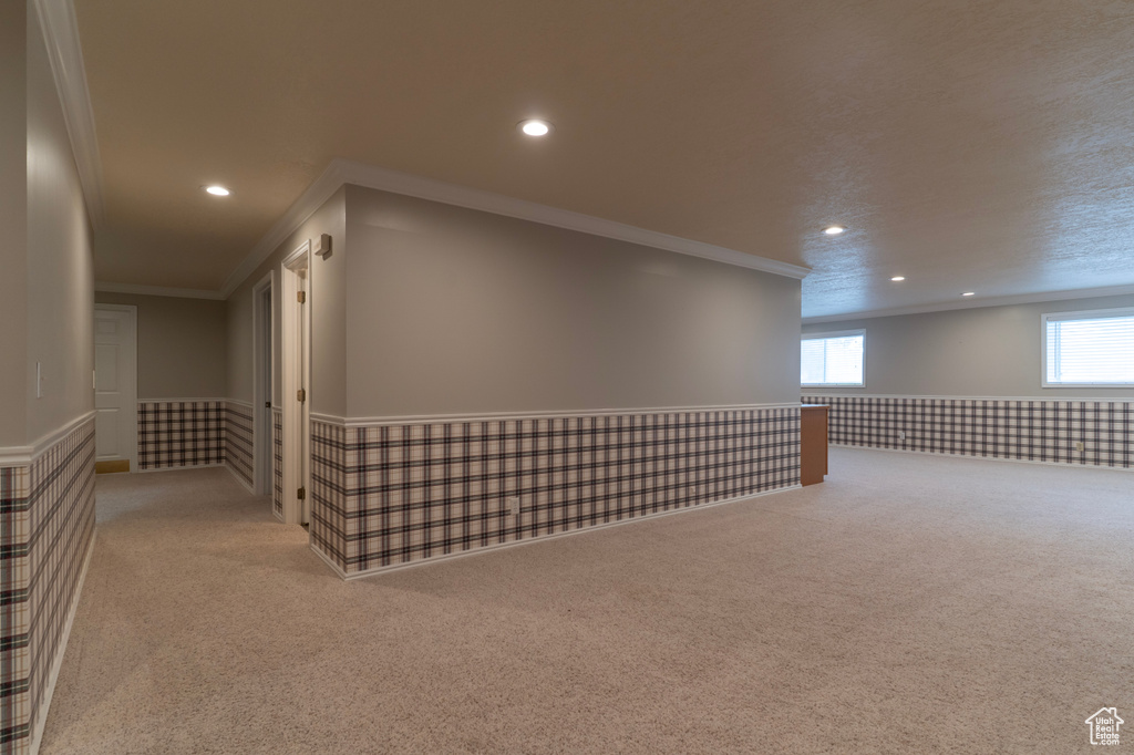 Basement featuring carpet floors, crown molding, recessed lighting, and wainscoting