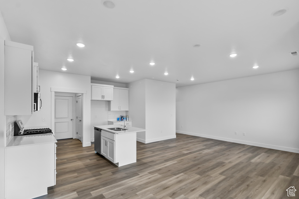 Kitchen featuring stainless steel appliances, wood finished floors, recessed lighting, white cabinets, and a kitchen island with sink