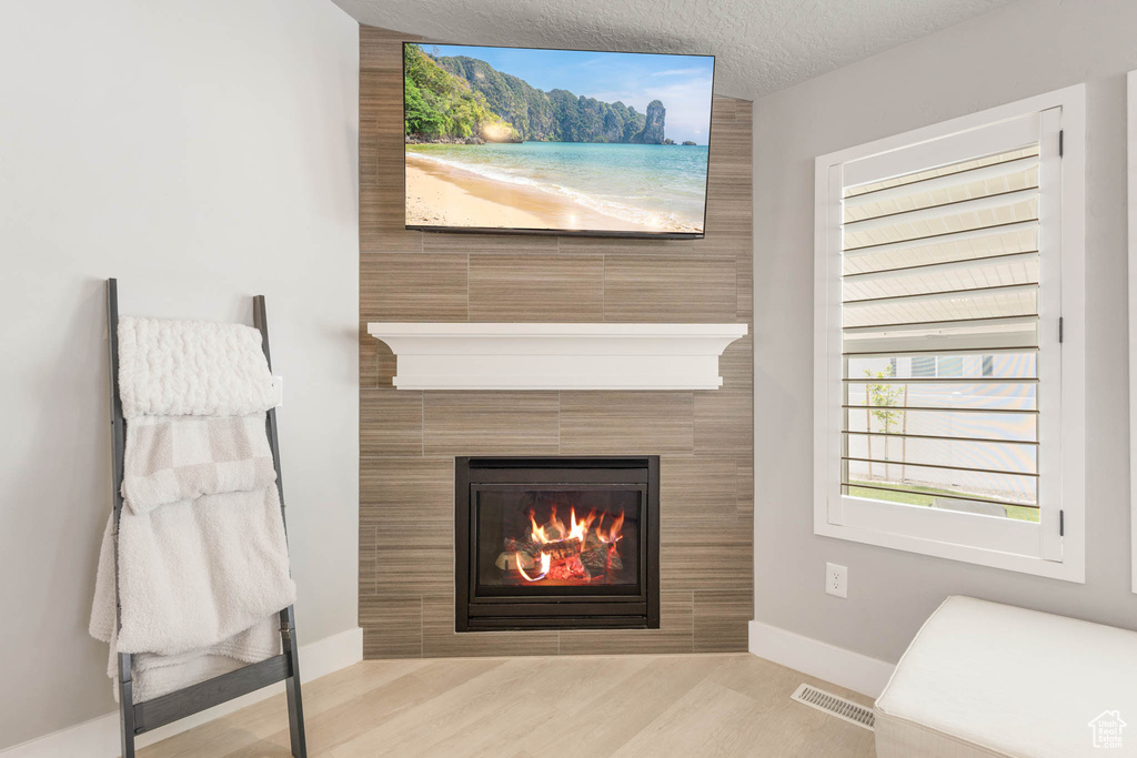 Detailed view of a fireplace, wood finished floors, and baseboards