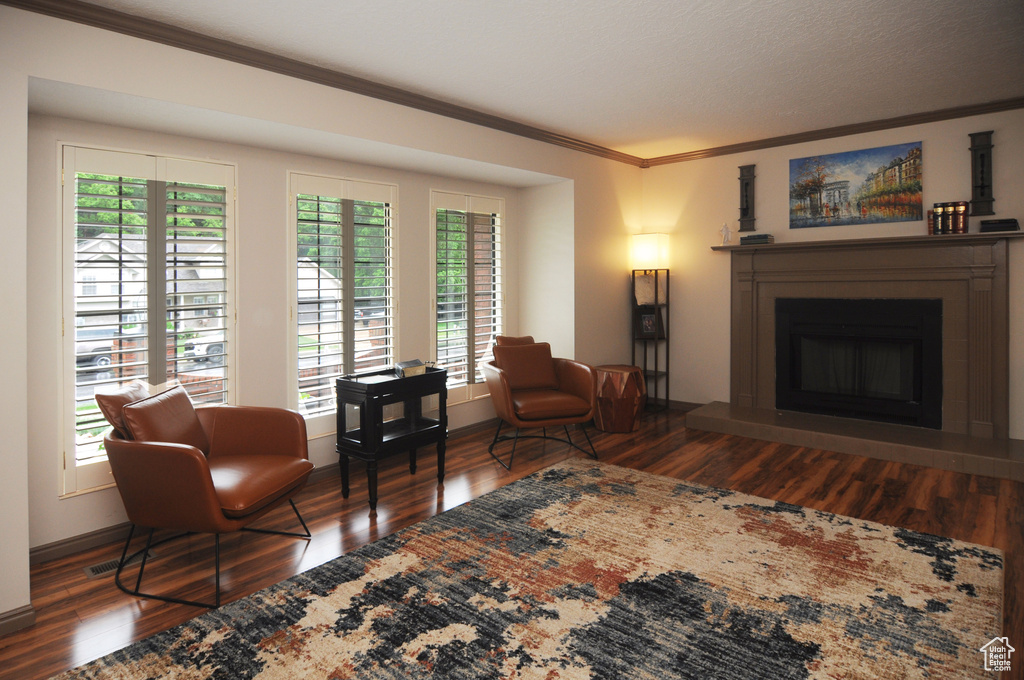 Living room featuring crown molding, wood finished floors, a fireplace with raised hearth, and baseboards