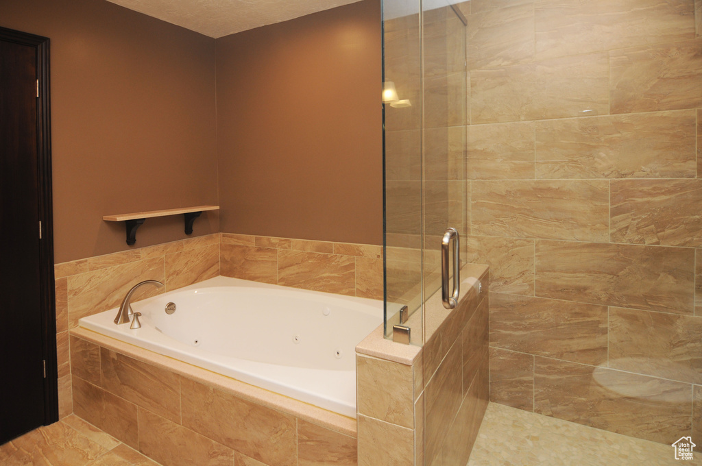 Full bathroom featuring a stall shower and a tub with jets