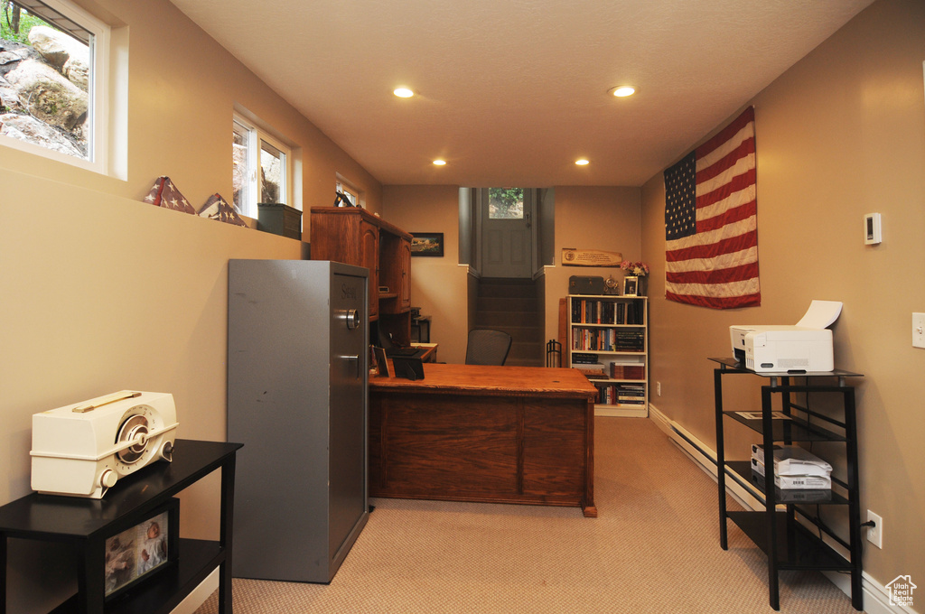 Office area featuring recessed lighting, light colored carpet, and baseboards