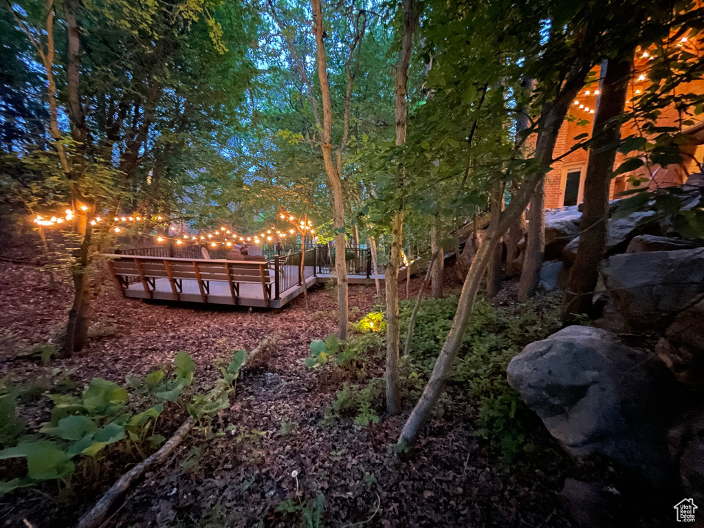 View of yard with a wooden deck