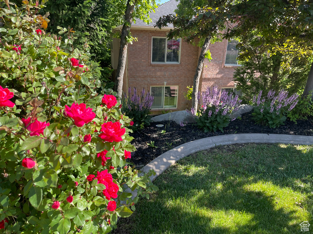 View of side of property featuring brick siding, a yard, and a shingled roof