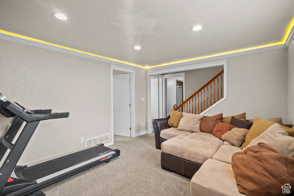 Exercise room with light colored carpet, recessed lighting, and ornamental molding