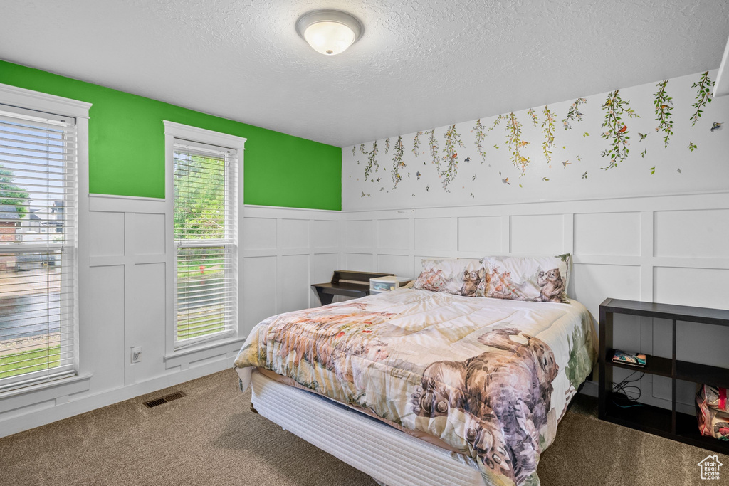 Carpeted bedroom featuring a decorative wall, a textured ceiling, and wainscoting