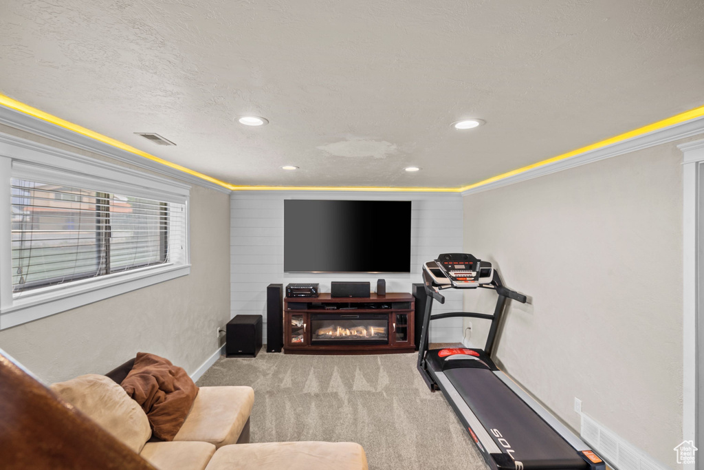 Workout room with crown molding, carpet floors, baseboards, recessed lighting, and a glass covered fireplace