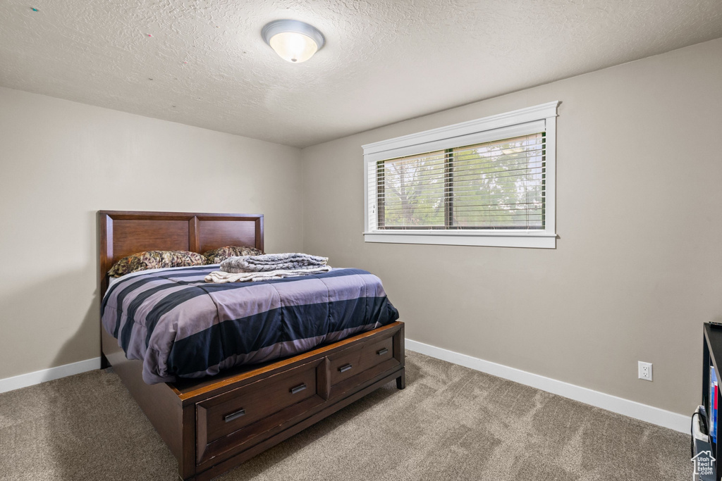 Bedroom with light colored carpet, a textured ceiling, and baseboards