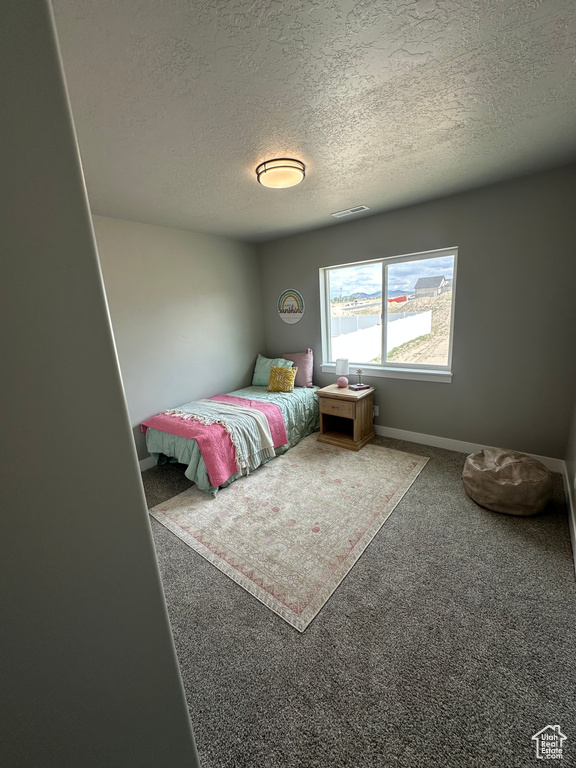 Bedroom featuring a textured ceiling, carpet floors, and baseboards