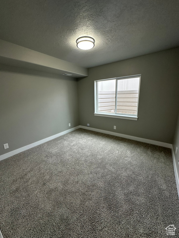 Unfurnished room featuring baseboards, a textured ceiling, and carpet