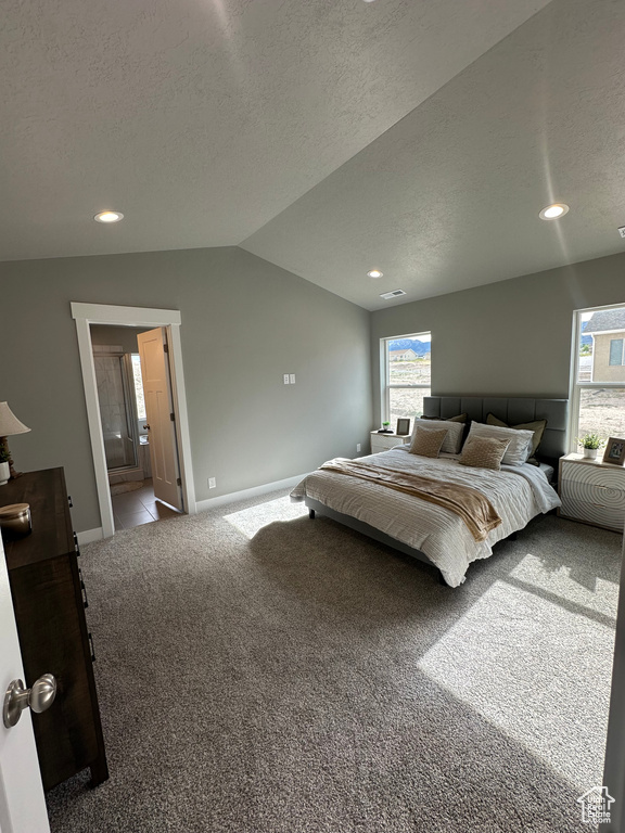 Bedroom with carpet, vaulted ceiling, baseboards, recessed lighting, and a textured ceiling
