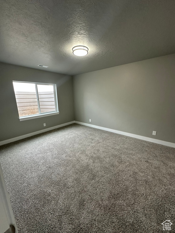 Carpeted spare room with a textured ceiling and baseboards