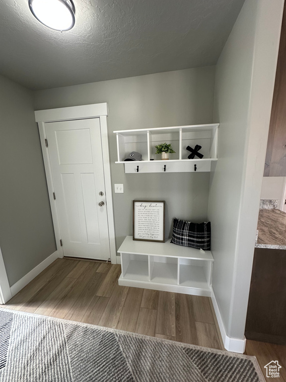 Mudroom with wood finished floors and baseboards