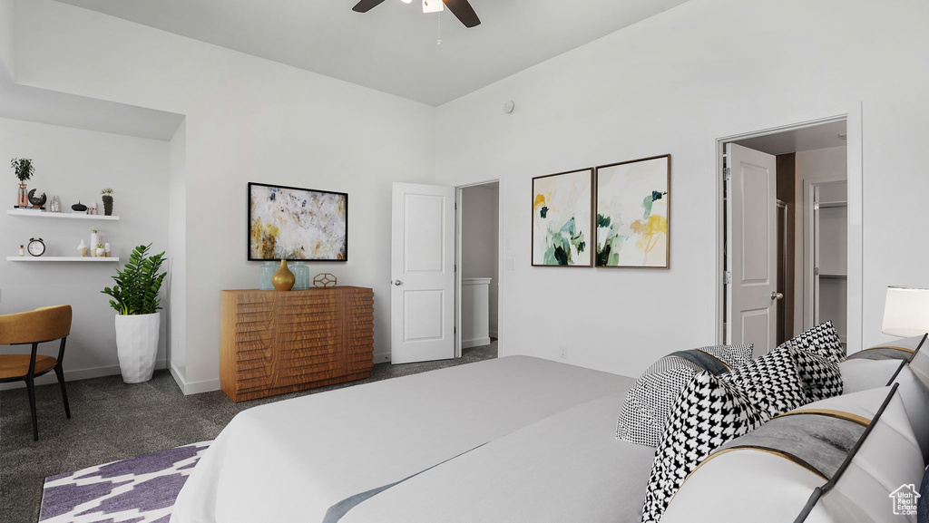 Carpeted bedroom featuring ceiling fan and baseboards