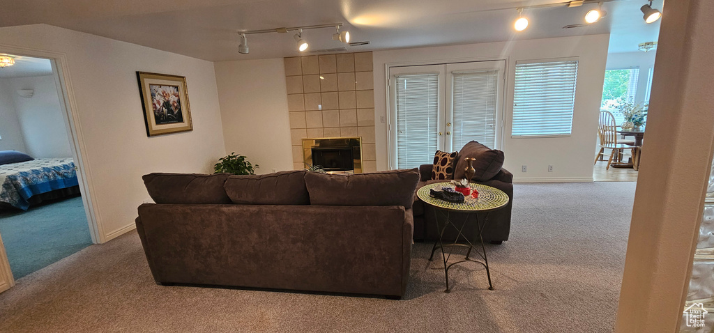 Living room featuring carpet floors, rail lighting, a fireplace, and baseboards