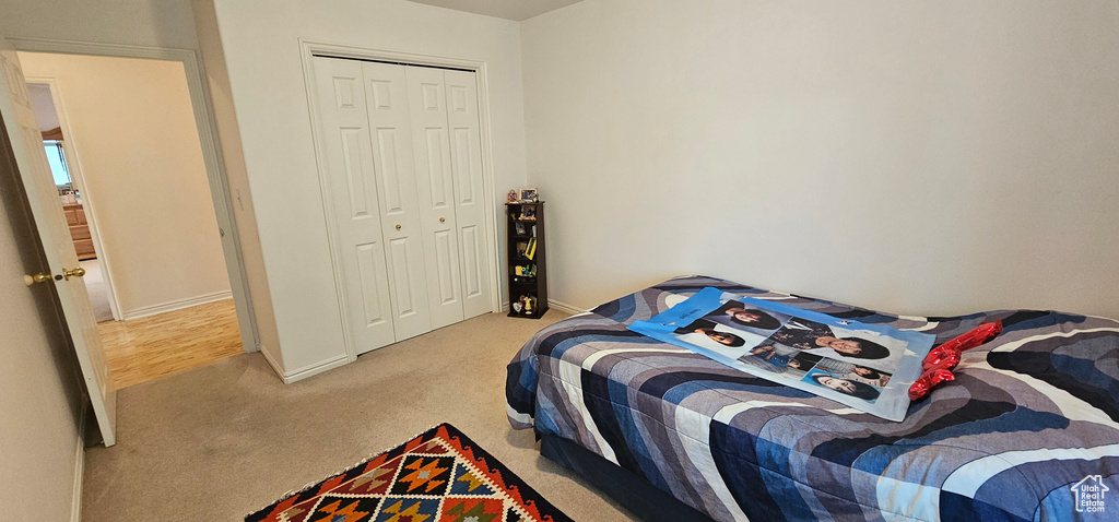 Carpeted bedroom with baseboards and a closet