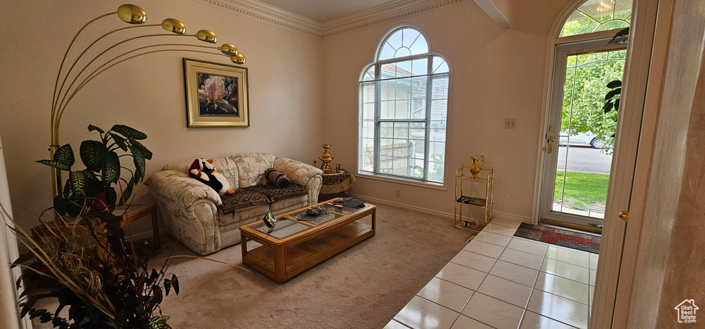 Carpeted living area featuring plenty of natural light, tile patterned floors, ornamental molding, and baseboards