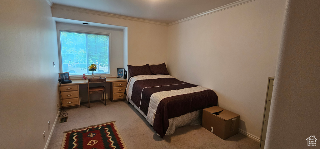Bedroom with light carpet and ornamental molding
