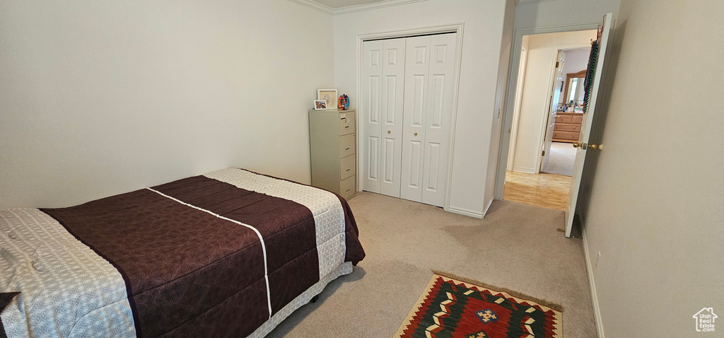 Carpeted bedroom featuring ornamental molding, a closet, and baseboards