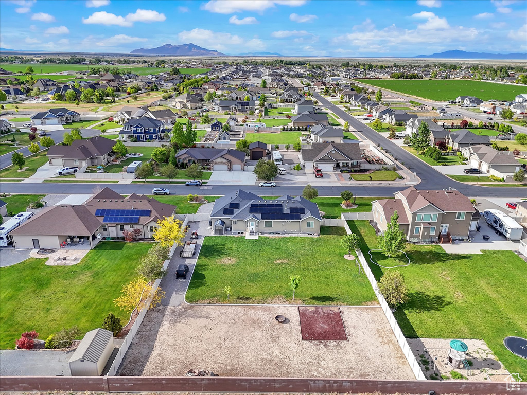 Aerial perspective of suburban area with mountains