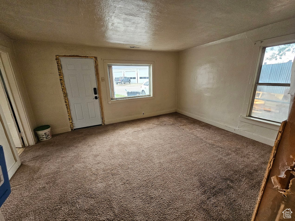 Carpeted empty room featuring plenty of natural light, a textured ceiling, and baseboards