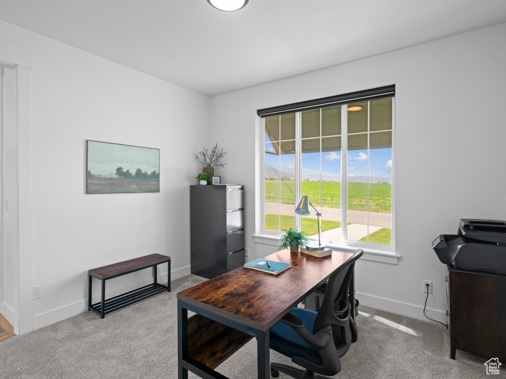 Carpeted home office featuring baseboards