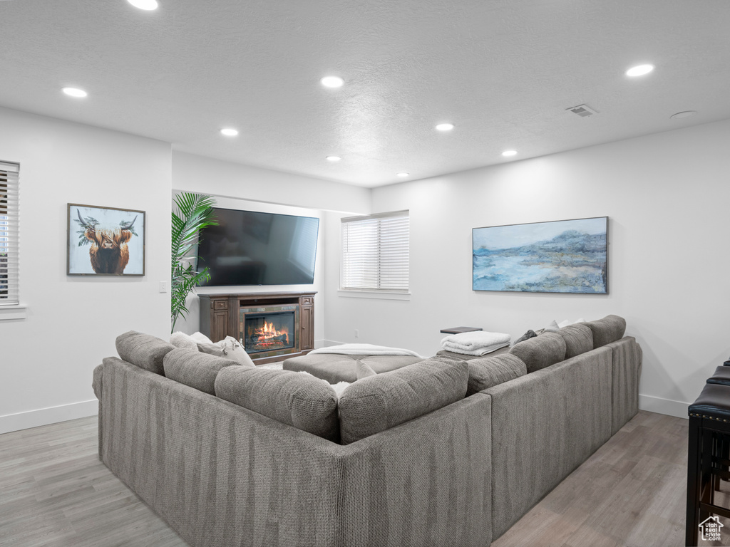 Living area featuring recessed lighting, light wood finished floors, baseboards, and a glass covered fireplace