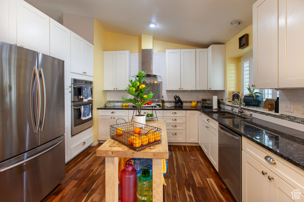 Kitchen featuring appliances with stainless steel finishes, lofted ceiling, a sink, dark wood-style flooring, and backsplash