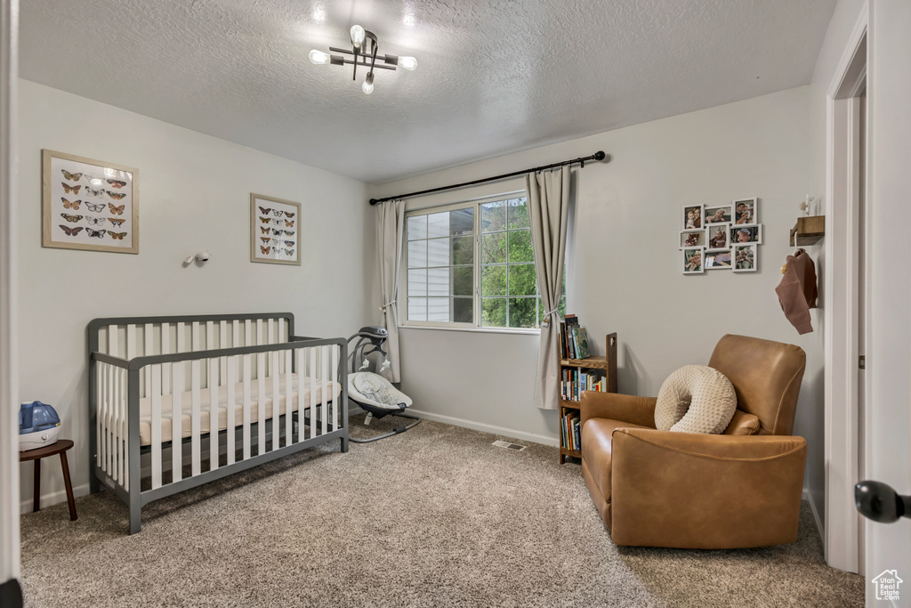 Carpeted bedroom featuring a textured ceiling, a nursery area, and baseboards