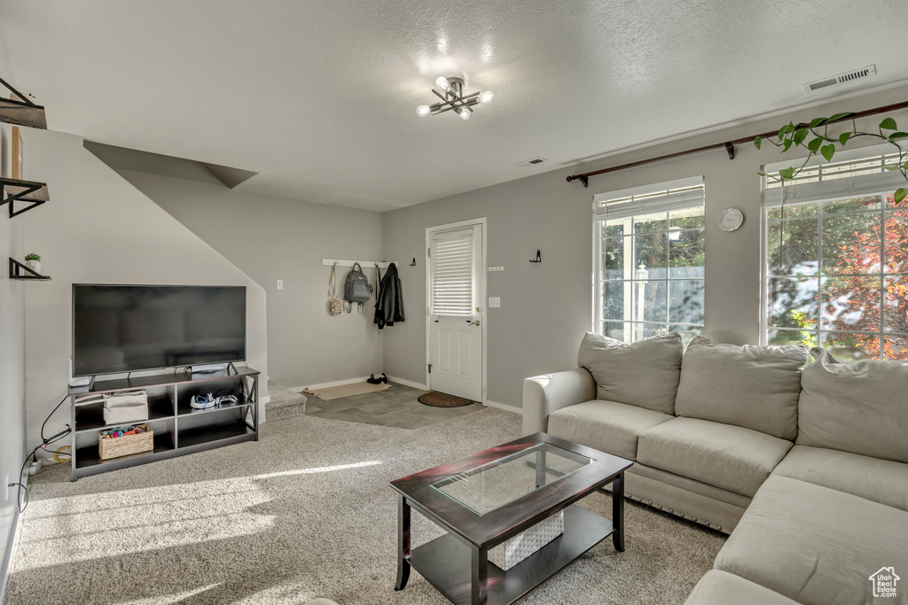 Living area with carpet, baseboards, and a textured ceiling
