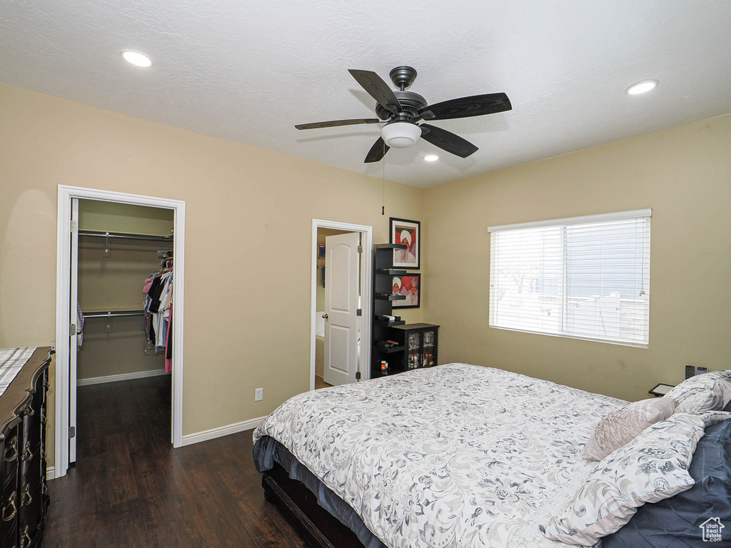 Bedroom featuring dark wood-style flooring, a spacious closet, a closet, recessed lighting, and baseboards