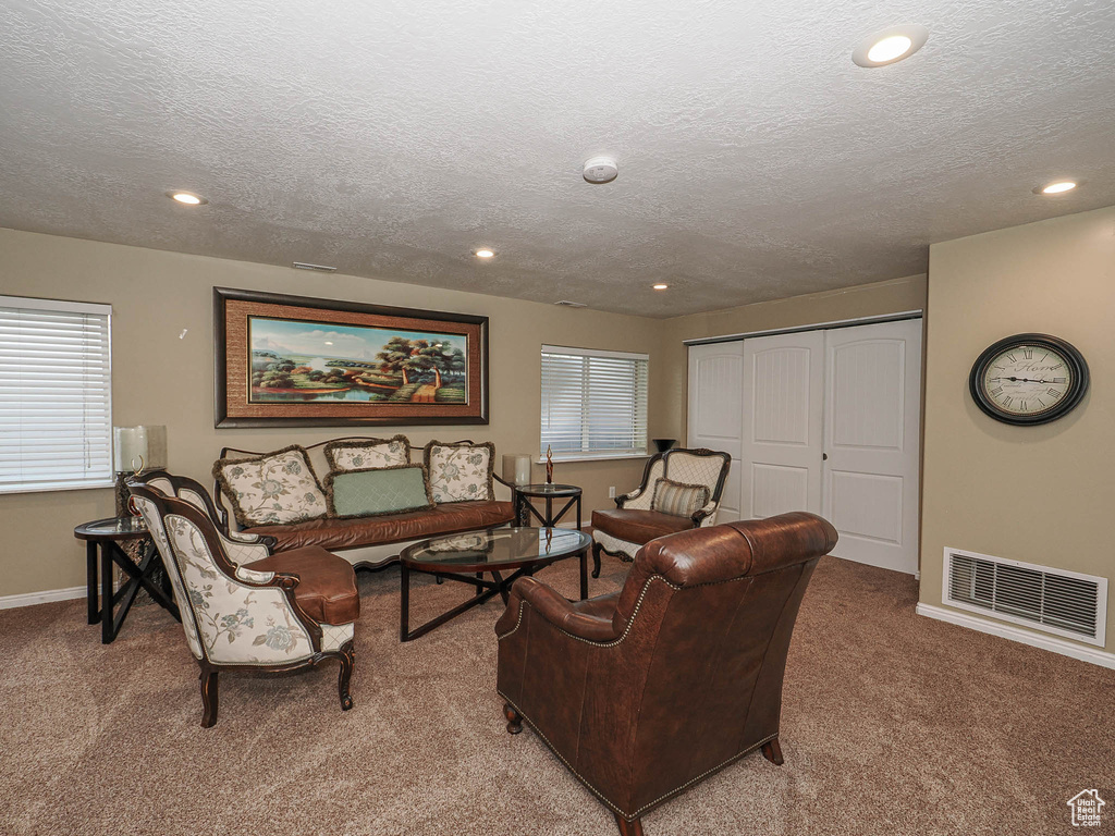 Carpeted living area featuring a textured ceiling, recessed lighting, and baseboards
