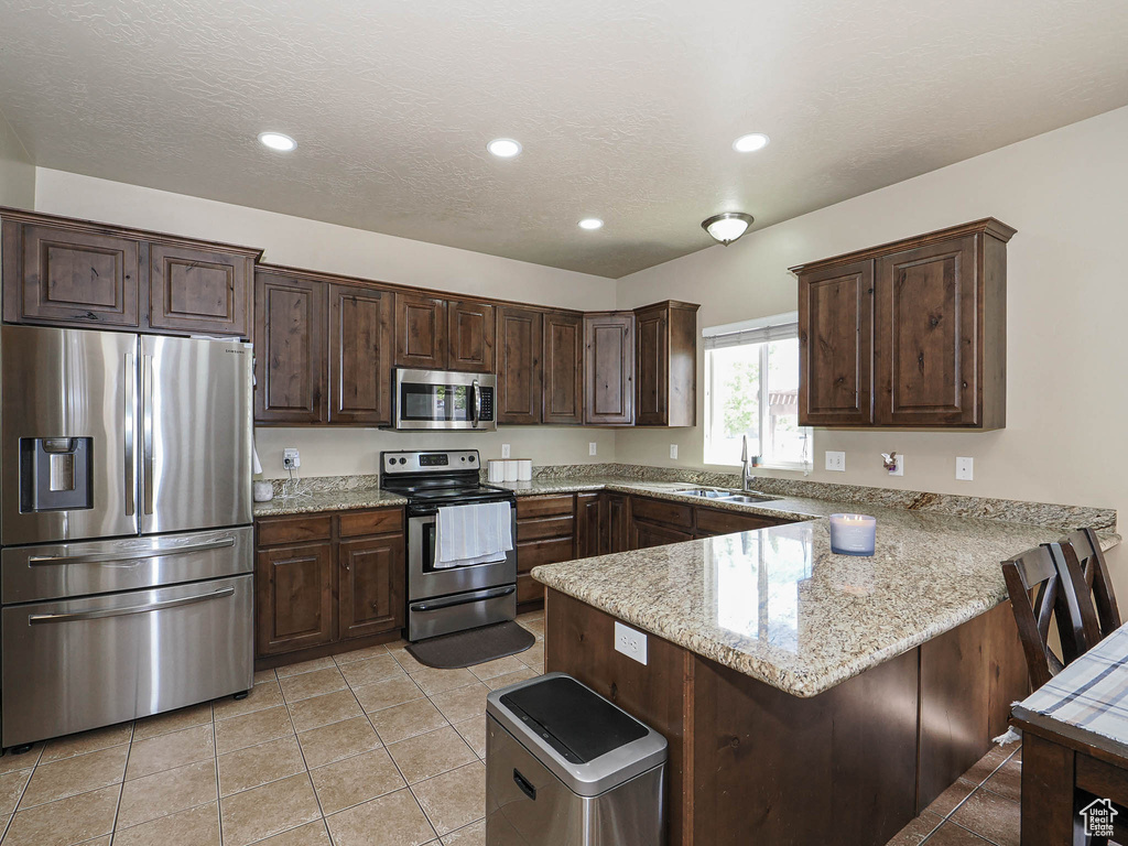 Kitchen featuring appliances with stainless steel finishes, a sink, a peninsula, dark brown cabinets, and recessed lighting