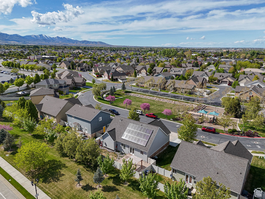 Aerial perspective of suburban area with mountains