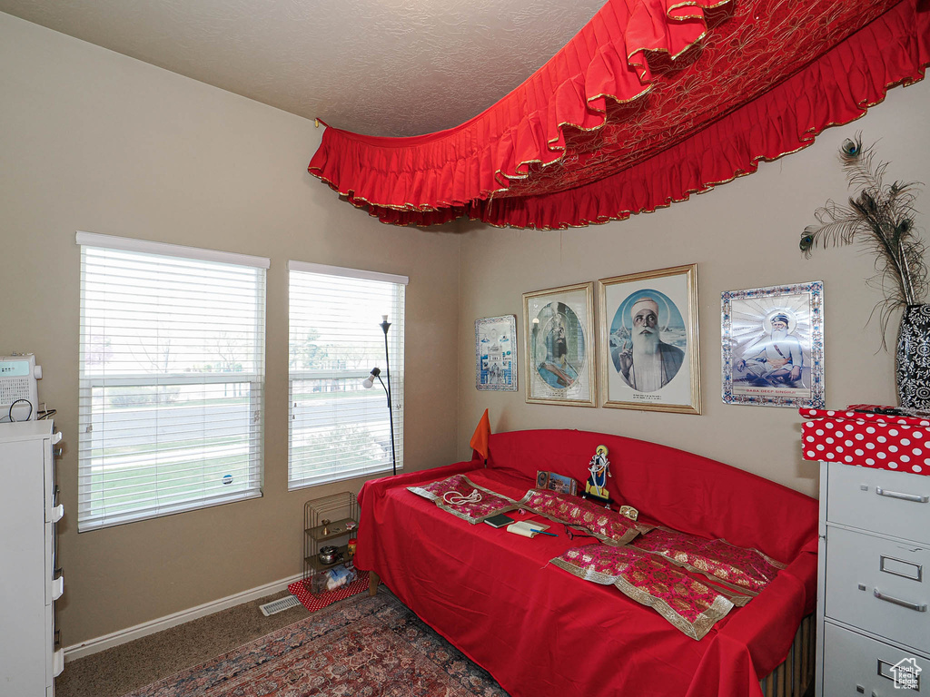 Carpeted bedroom with multiple windows and baseboards