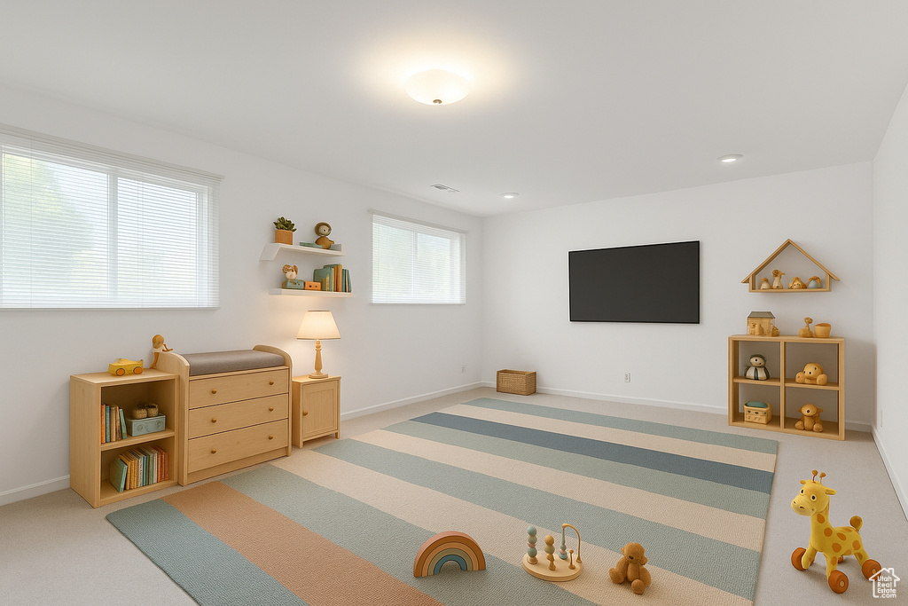 Carpeted bedroom with baseboards and recessed lighting